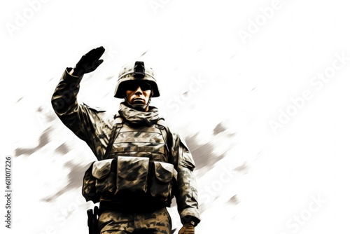 Illustration of American soldier in military uniform saluting, white background. Generative AI