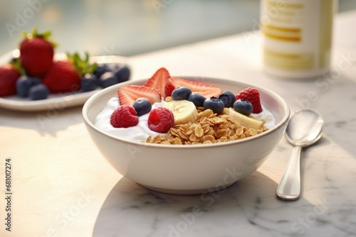 A bowl with natural yogurt, granola and fresh fruits and berries. Delicious and healthy breakfast.