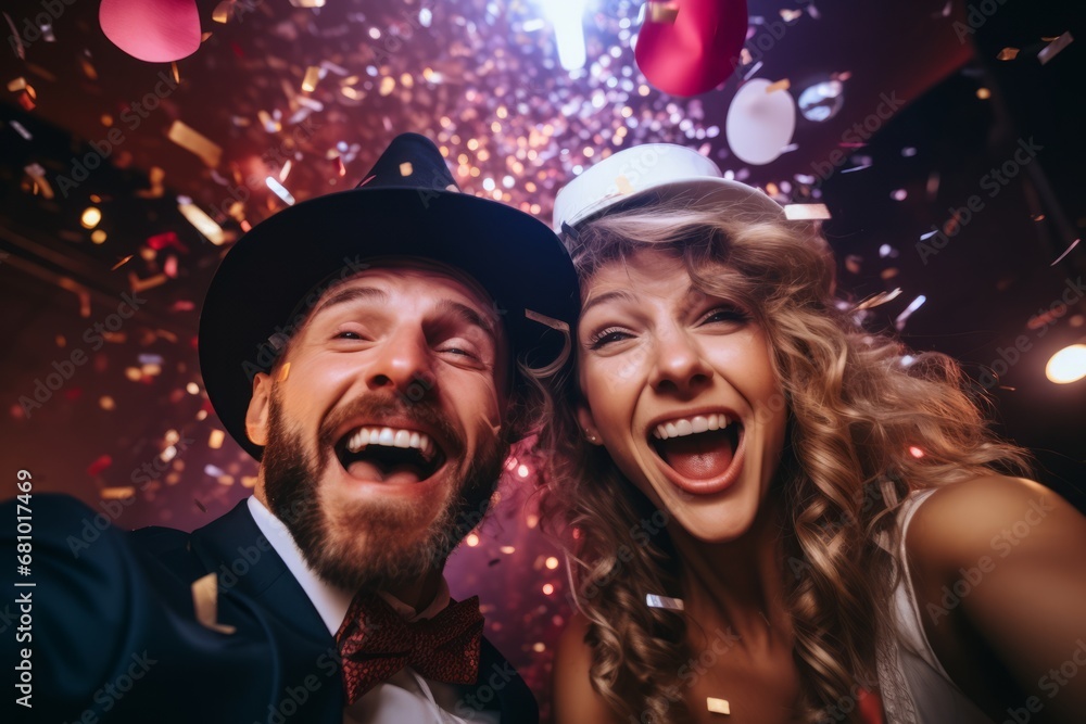 Capturing the Countdown: A Group Selfie of Friends Celebrating with New Year's Eve Props