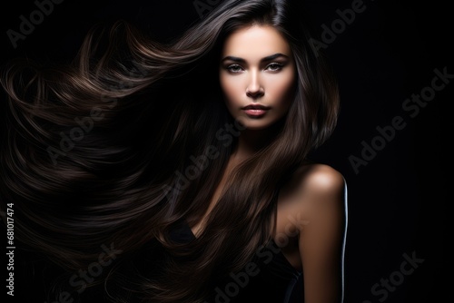 Mysterious Beauty: A Woman with Enchanting Eyes and Flowing Brown Hair in the Shadows