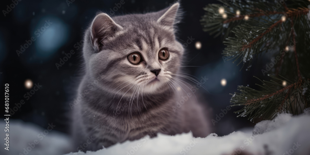 Merry Christmas and Happy New Year! Cute Gray Cat in snow on a Christmas background. British kitten striped and Christmas Tree branches Merry Christmas and Happy New Year! Cute Gray Cat in snow on a Christmas background. British kitten striped and Christmas Tree branches