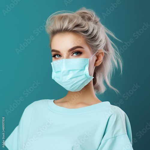 Close-up attractive girl wearing medical mask on colored background, ai technology