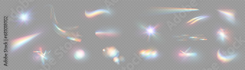Iridescent crystal leak glare reflection effect. Optical rainbow lights, glare, leak, streak overlay. falling confetti. Vector colorful vector lenses and light flares with transparent effects.