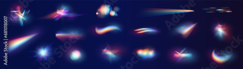 Iridescent crystal leak glare reflection effect. Optical rainbow lights, glare, leak, streak overlay. falling confetti. Vector colorful vector lenses and light flares with transparent effects.