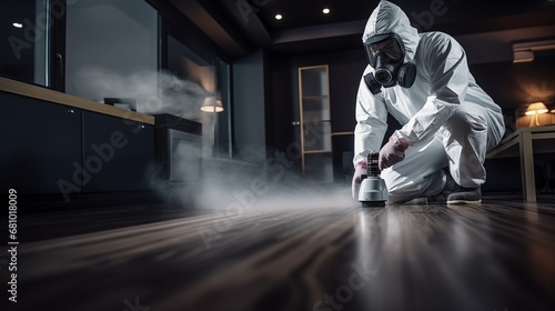 Pest control service guy sprays poisonous gas on the floor of contemporary apartment in a mask and a white protective suit photo
