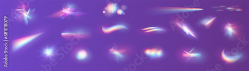 Iridescent crystal leak glare reflection effect. Optical rainbow lights, glare, leak, streak overlay. falling confetti. Vector colorful vector lenses and light flares with transparent effects.