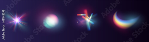 Iridescent crystal leak glare reflection effect. Optical rainbow lights, glare, leak, streak overlay. falling confetti. Vector colorful vector lenses and light flares with transparent effects.