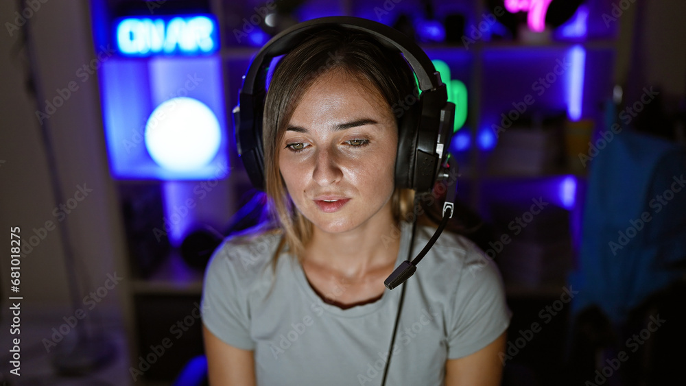 Attractive blonde streamer immerses in riveting game, streaming live from gaming room, lighting up the night with digital entertainment. Attractive blonde streamer immerses in riveting game, streaming live from gaming room, lighting up the night with digital entertainment.