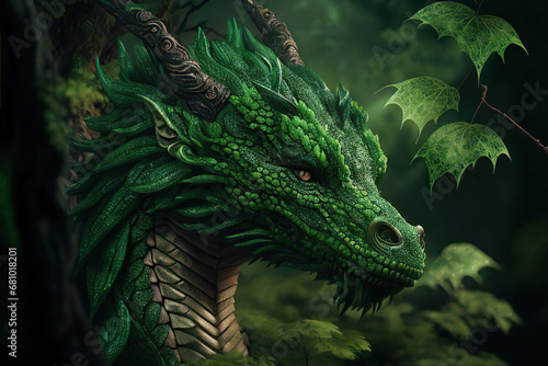 Portrait of a horned green forest dragon, Year of the Dragon, Generative AI © Eva