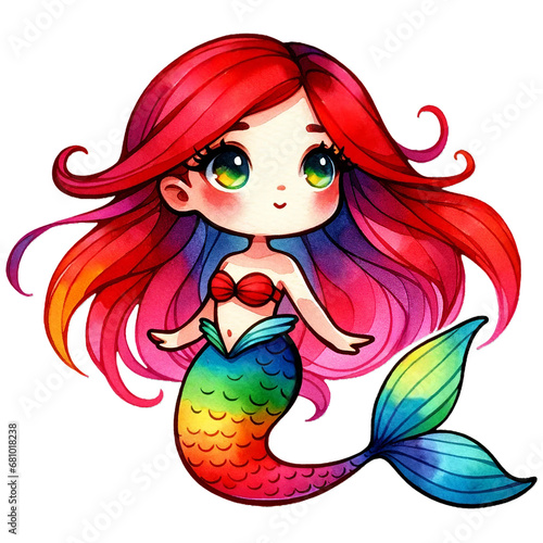 Watercolor Cute Red-Haired Rainbow Mermaid
