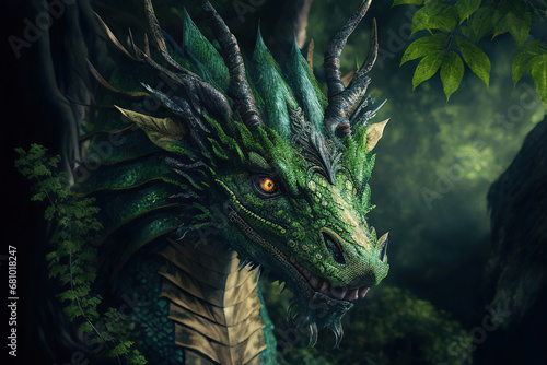 Portrait of an ancient green horned dragon with glowing orange eyes in the forest  chinese dragon  Year of the Dragon  Generative AI