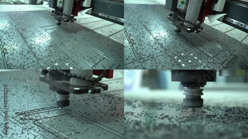 Printing industry. Split Screen. Material cutting process