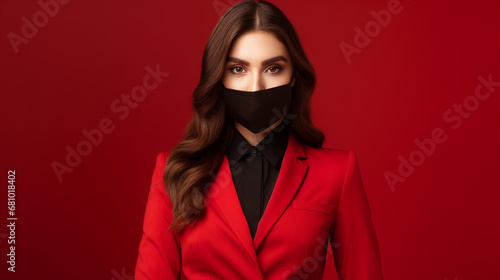 Closeup photo of pretty charming business lady workaholic company seo work in spite of quarantine wear formalwear jacket suit protective mask isolated red background, ai technology photo