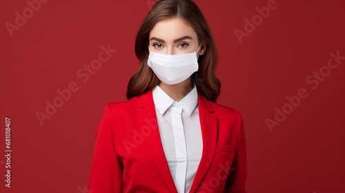 Closeup photo of pretty charming business lady workaholic company seo work in spite of quarantine wear formalwear jacket suit protective mask isolated red background, ai technology photo