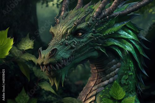 Portrait of a horned green forest dragon covered with leaves  chinese dragon  Year of the Dragon  Generative AI