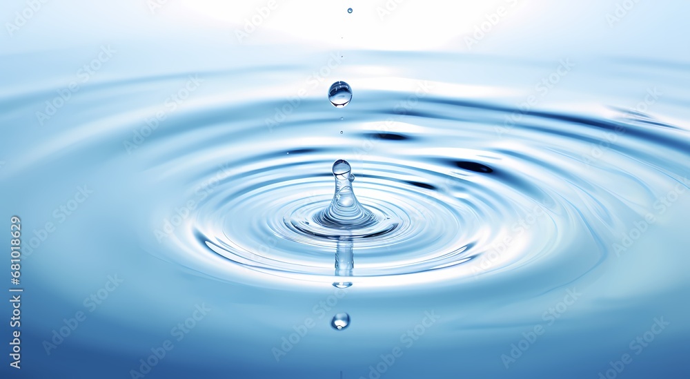 A single water droplet creates a series of ripples on a smooth, clear blue water surface, symbolizing calmness and purity. A single water droplet creates a series of ripples on a smooth, clear blue water surface, symbolizing calmness and purity.