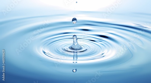 A single water droplet creates a series of ripples on a smooth, clear blue water surface, symbolizing calmness and purity.