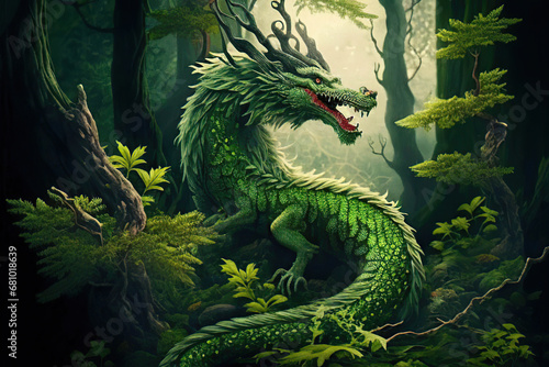 Green dragon in the forest, Year of the Dragon, fantasy illustration, Generative AI