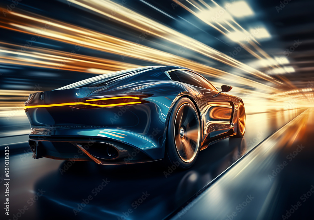 Fototapeta premium Elegant and luxurious car, on a street at night, with motion blur. AI generated