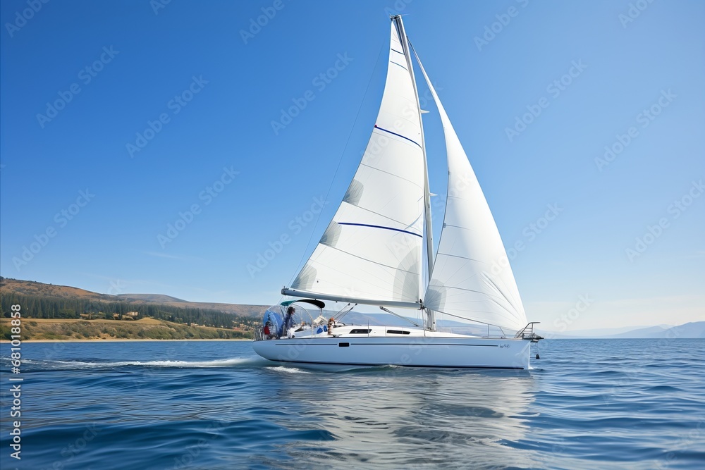 Small modern white sailing yacht sailing on the sea in summer close up
