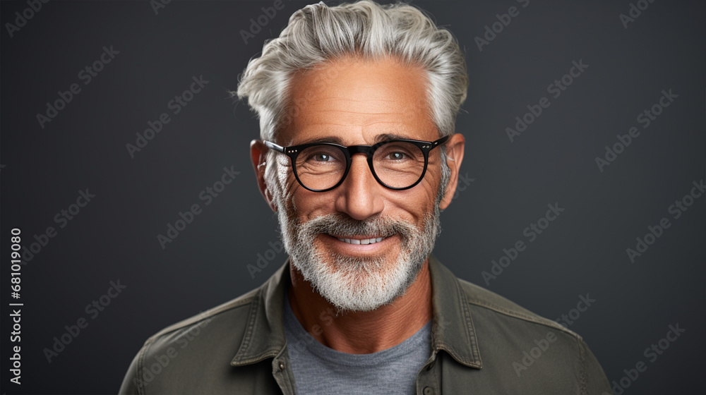 Close Up Portrait of a Cheerful Senior Man with Gray Hair Wearing Glasses, ai technology Close Up Portrait of a Cheerful Senior Man with Gray Hair Wearing Glasses, ai technology