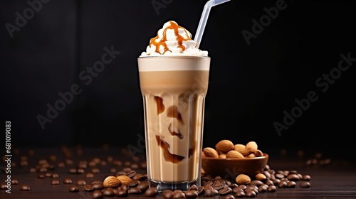 Frappe drink with caramel an nuts isolated on white background
