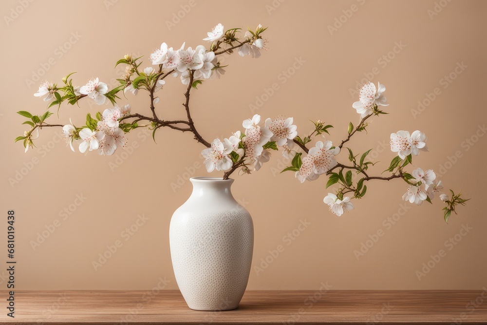 Blooming branch in ceramic vase on wooden table against beige stucco wall with copy space. Home interior background of living room Blooming branch in ceramic vase on wooden table against beige stucco wall with copy space. Home interior background of living room