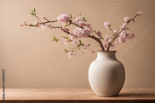 Blooming branch in ceramic vase on wooden table against beige stucco wall with copy space. Home interior background of living room