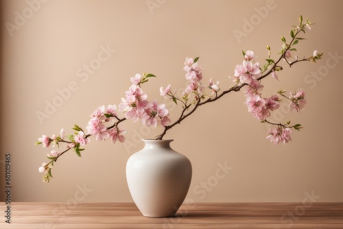 Blooming branch in ceramic vase on wooden table against beige stucco wall with copy space. Home interior background of living room