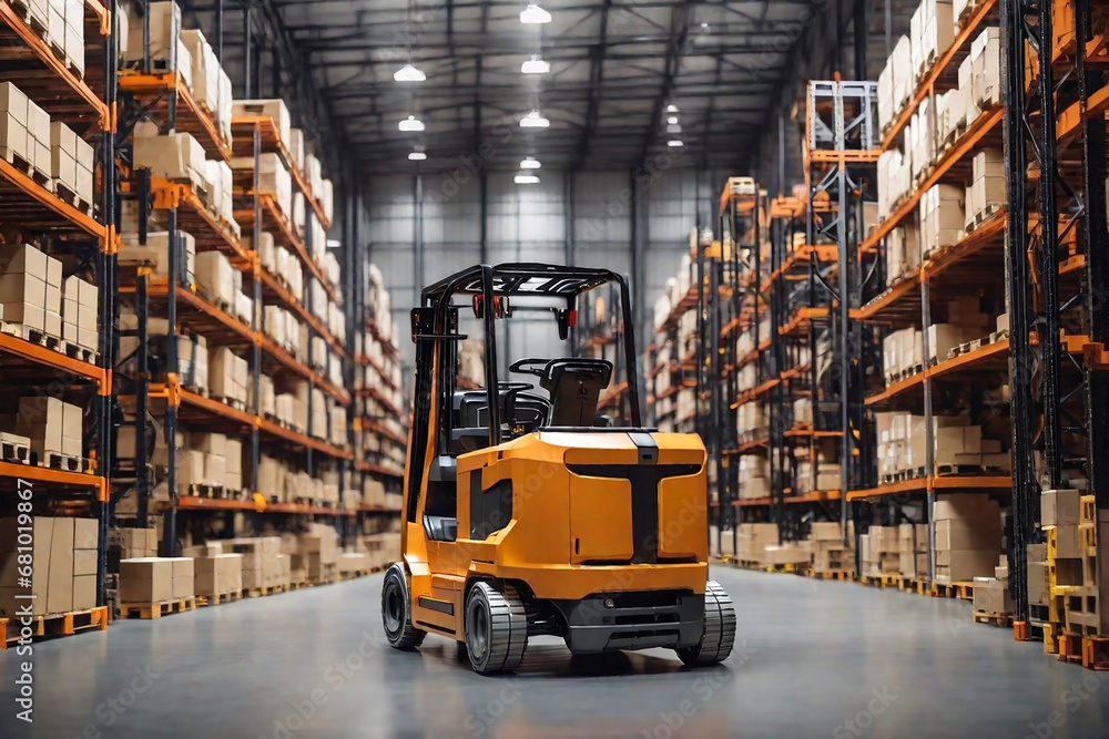 Forklift in warehouse. Automated forklift loader in warehouse. Industrial background