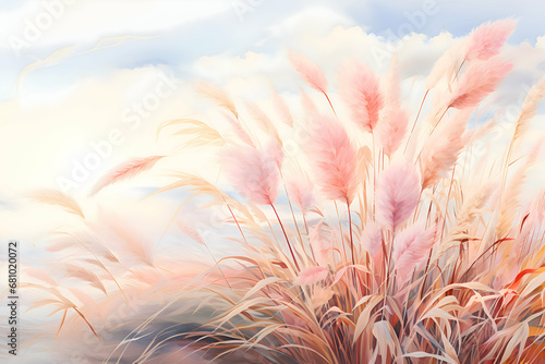 Fashionable pampas grass moving in the wind. Watercolor style. Dry reed on a natural background 
