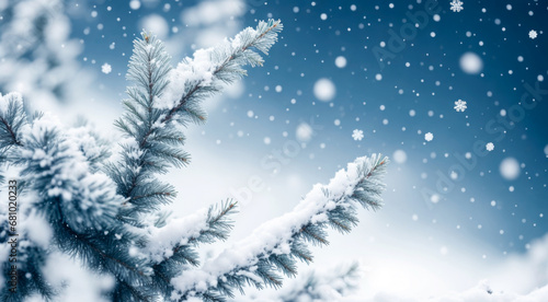 Fir tree branch covered with snow. Christmas background. Copy space. AI generative