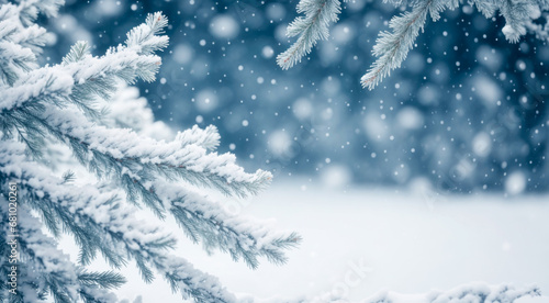 Fir tree branch covered with snow. Christmas background. Copy space. AI generative