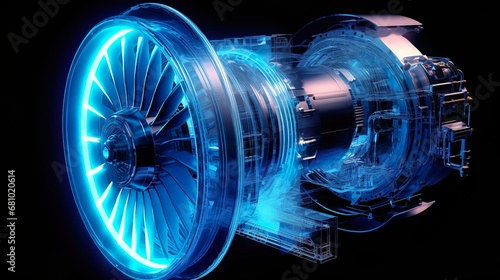 X-ray style turbofan jet engine isolated on black background. 3D rendering image. photo