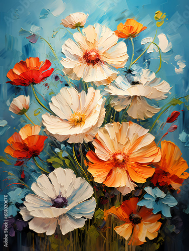 A Painting Of Flowers On A Blue Background - Oil painting poppy dandelion daisy flowers in fields