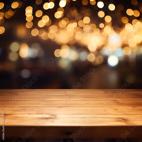Empty wooden table and blurred background of hall of stage bar or cafe with bokeh lights