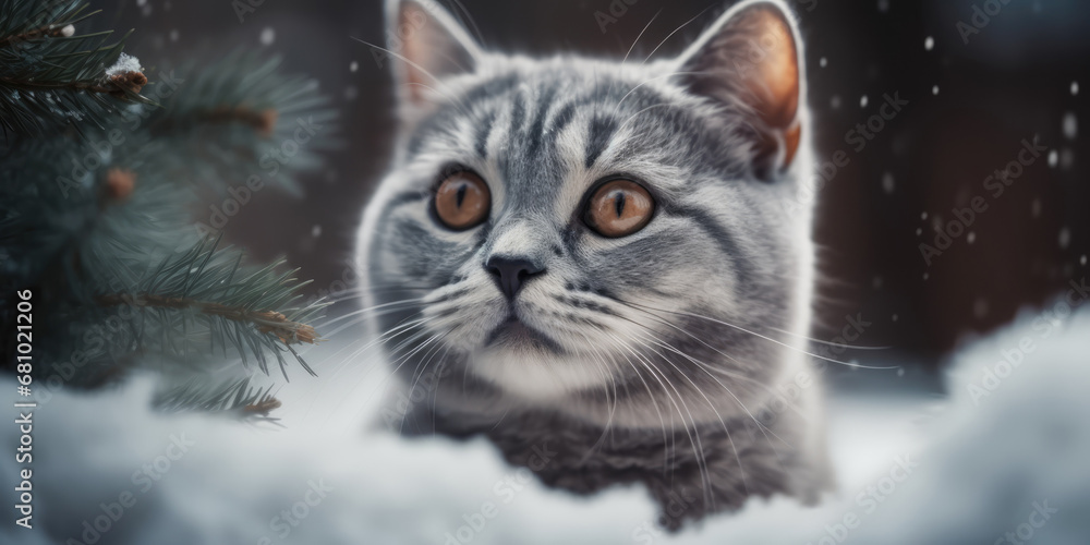 Cute Gray Stripped Cat in the snow in winter. British Kitten and Christmas Tree branches. Christmas Winter-Themed Pet. Christmas, Winter and New Year concept