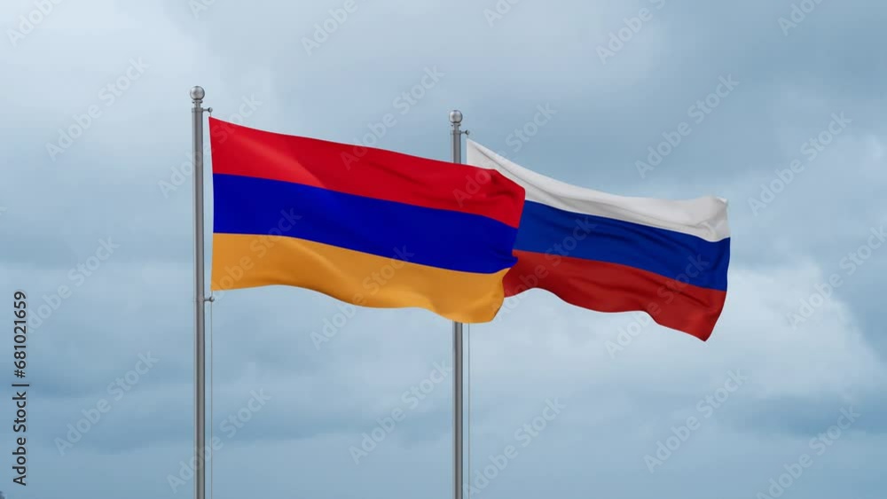 Russian Federation and Armenia flag waving together on cloudy sky, endless seamless loop Russian Federation and Armenia flag waving together on cloudy sky, endless seamless loop