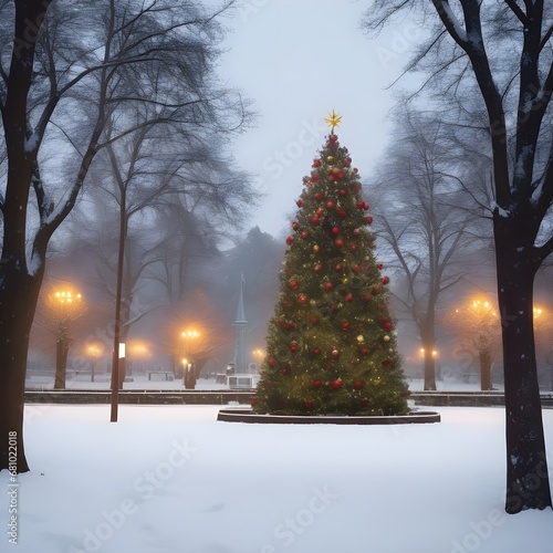 A park with a Christmas atmosphere, a big Christmas tree in the center of the park