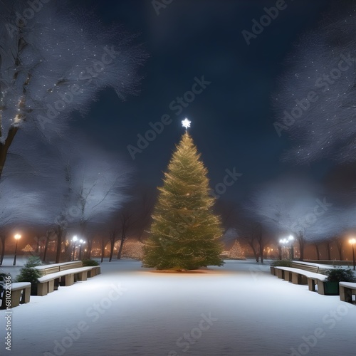 A park with a Christmas atmosphere, a big Christmas tree in the center of the park © RORON