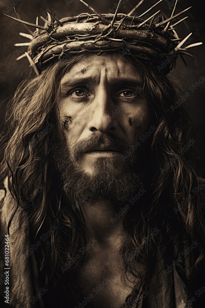 Jesus Christ wearing Crown of thorns. Crucifixion of our lord. Ai generative