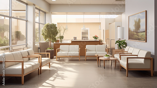 Aesthetic Clinic and Hospital with a Warm and Friendly Lobby and Waiting Room, Infused with Calm Ambiance, Featuring Comfortable Sofas for a Relaxing Healthcare Experience © Magenta Dream