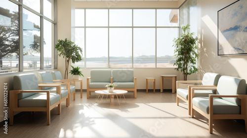 Aesthetic Clinic and Hospital with a Warm and Friendly Lobby and Waiting Room, Infused with Calm Ambiance, Featuring Comfortable Sofas for a Relaxing Healthcare Experience