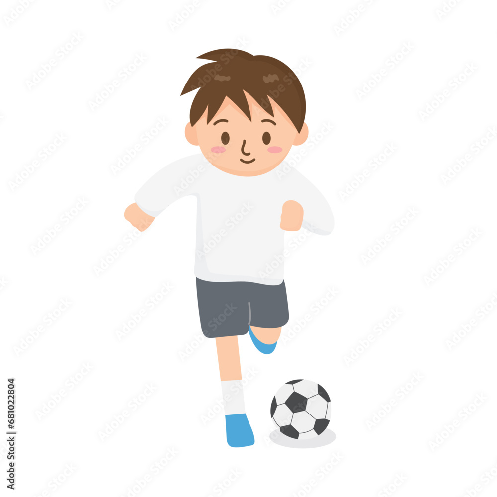 Boy playing football vector illustration. Running or soccer game. Students in physical education class. Students wear sportswear. Used for educational images.