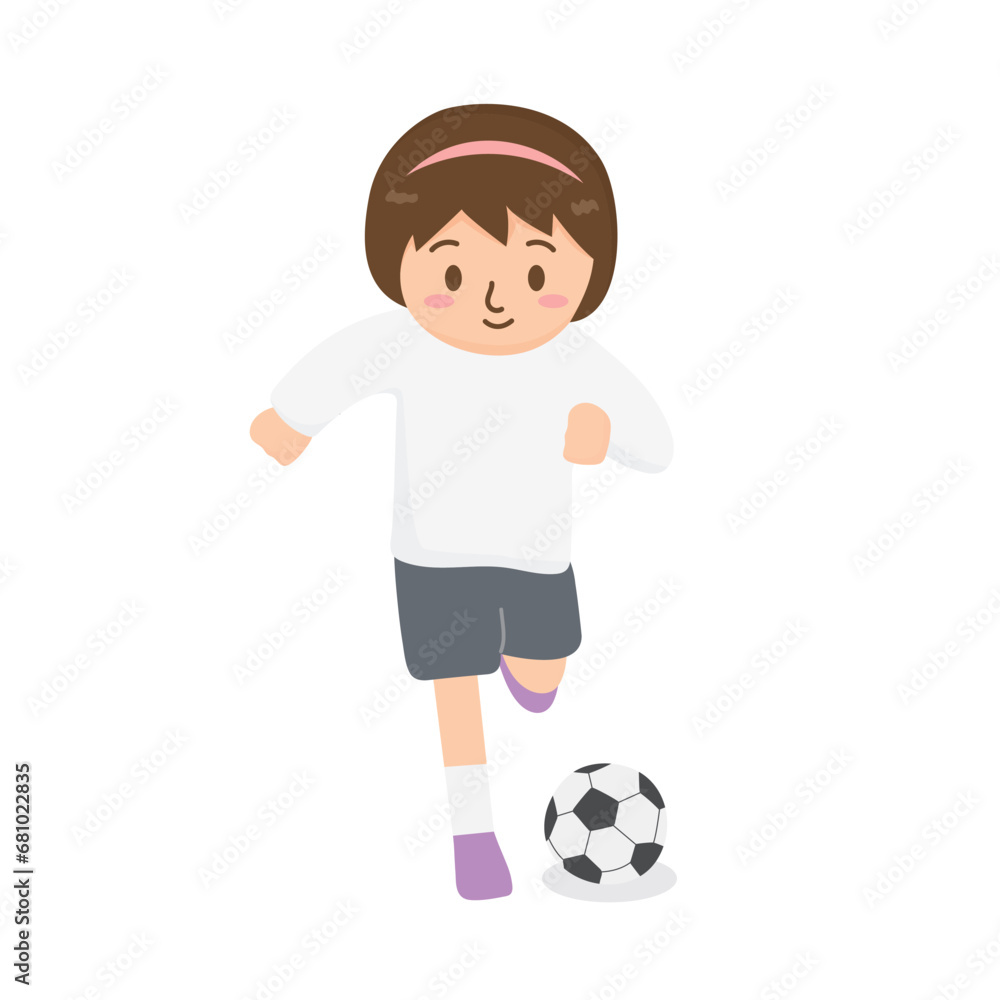 Girl playing football vector illustration. Running or soccer game. Students in physical education class. Students wear sportswear. Used for educational images.