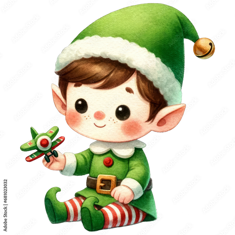 Watercolor Cute Elf Boy Playing A Toy Plane Watercolor Cute Elf Boy Playing A Toy Plane