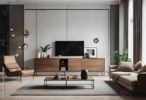 Modern living room interior with door and sideboard 3d rendering