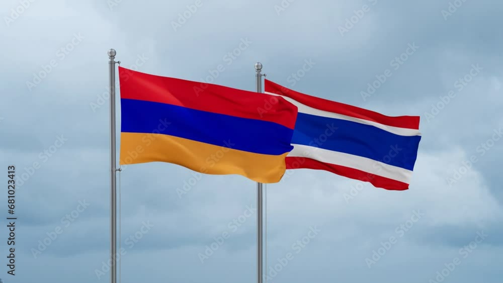 Kingdom of Thailand and Armenia flag waving together on cloudy sky, endless seamless loop, two country cooperation concept Kingdom of Thailand and Armenia flag waving together on cloudy sky, endless seamless loop, two country cooperation concept