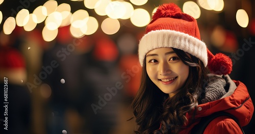 a young Asian girl wearing Santa hat at Christmas night festival, bokeh light joyful atmosphere, generative Ai