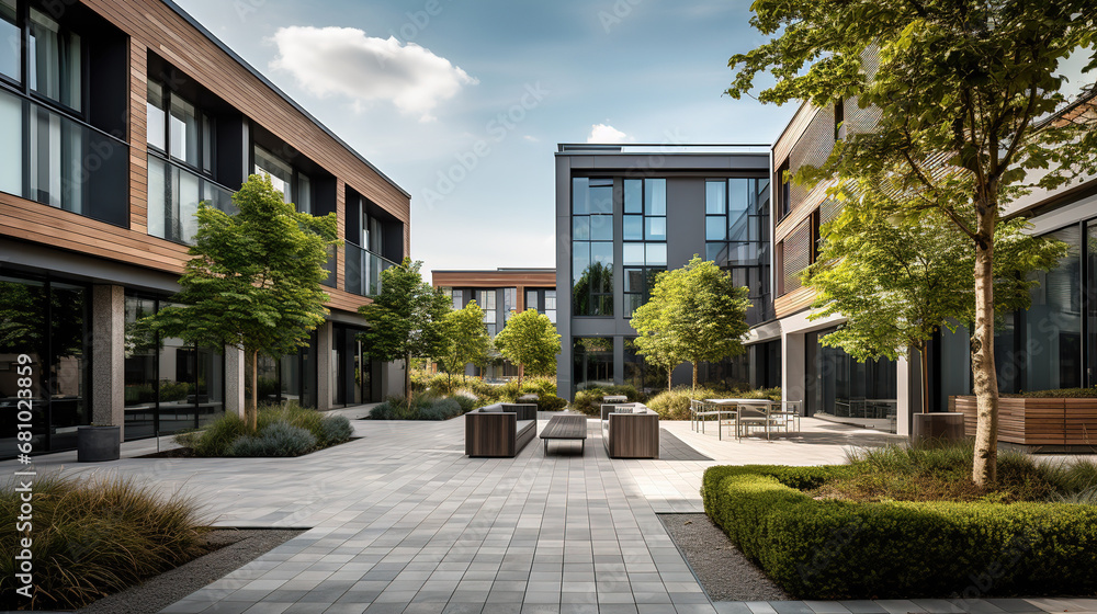 Elegance of a Contemporary Minimalist Office Building with a Cozy Courtyard, Fresh Garden Vibes, and Inviting Benches for a Modern Oasis of Tranquility and Productivity